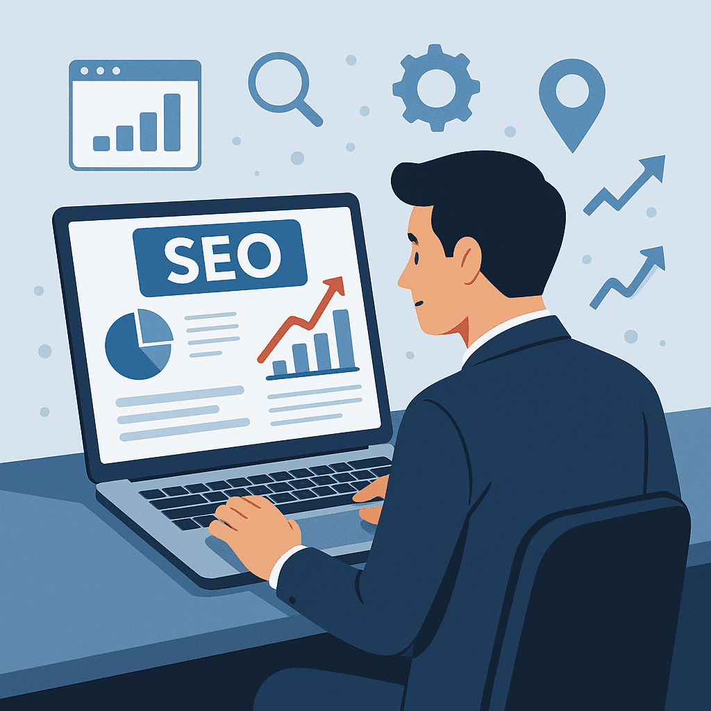 Illustration of a business owner analyzing SEO performance charts on a laptop with website metrics and growth icons.