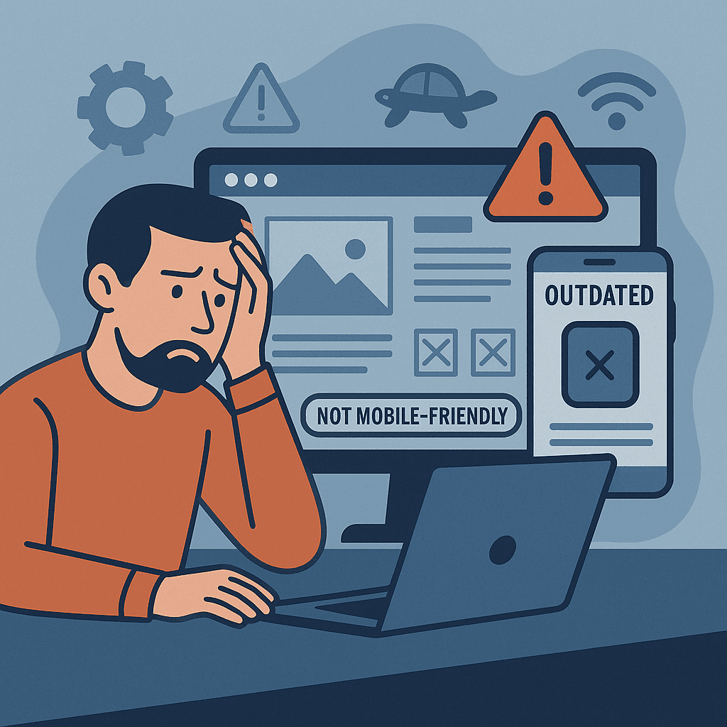A frustrated business owner looking at an outdated, unresponsive website on a slow-loading computer screen.