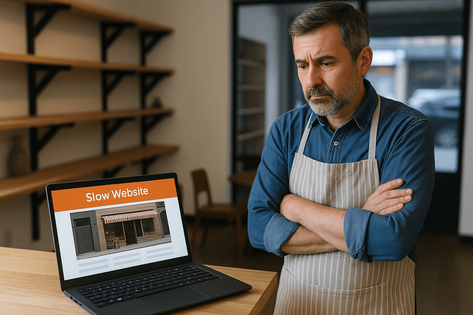 A small business owner in an apron looking concerned at a laptop showing a “Slow Website” message, inside his quiet retail shop.