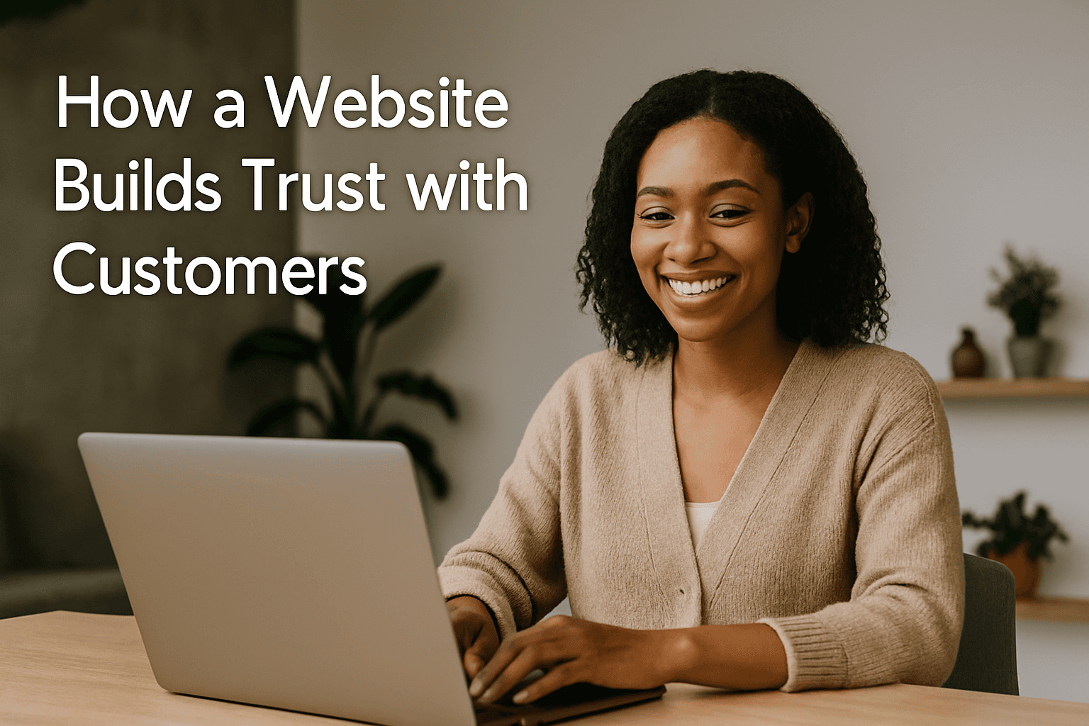 A smiling woman in a cozy workspace typing on her laptop, conveying comfort, professionalism, and trust in a modern online experience.