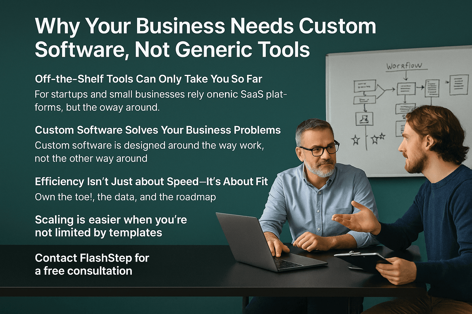 A business owner and developer collaborating in a modern office, discussing custom software features beside a whiteboard filled with workflow diagrams.
