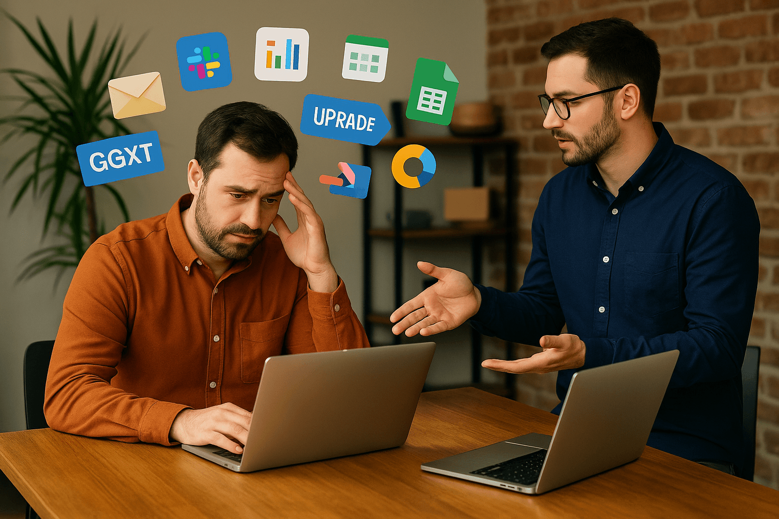 A small business owner looking overwhelmed at a laptop while a tech consultant offers guidance, surrounded by floating icons of mismatched business tools.