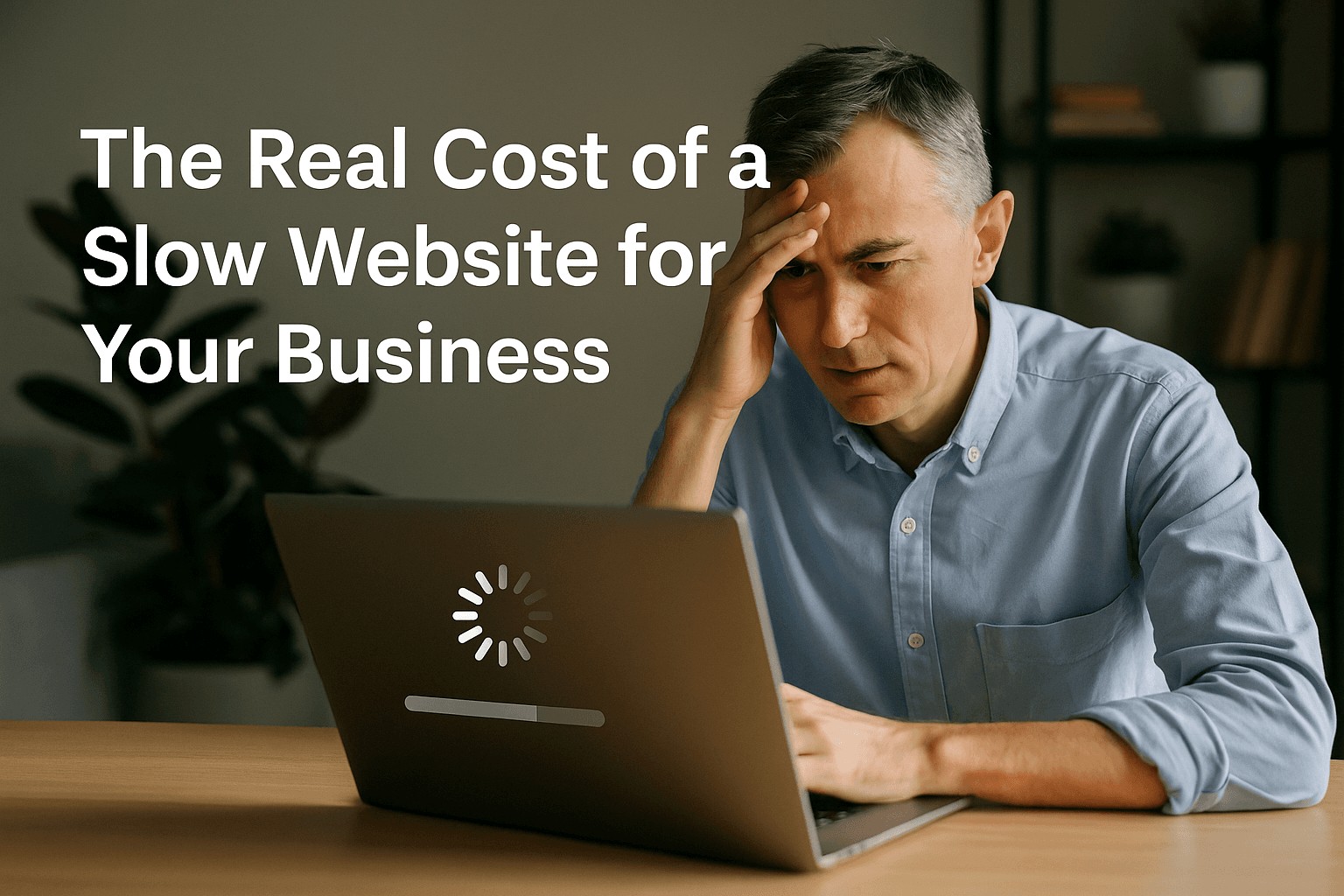 A business owner looking frustrated while waiting for a website to load on their laptop, showing a spinning icon and slow progress bar.