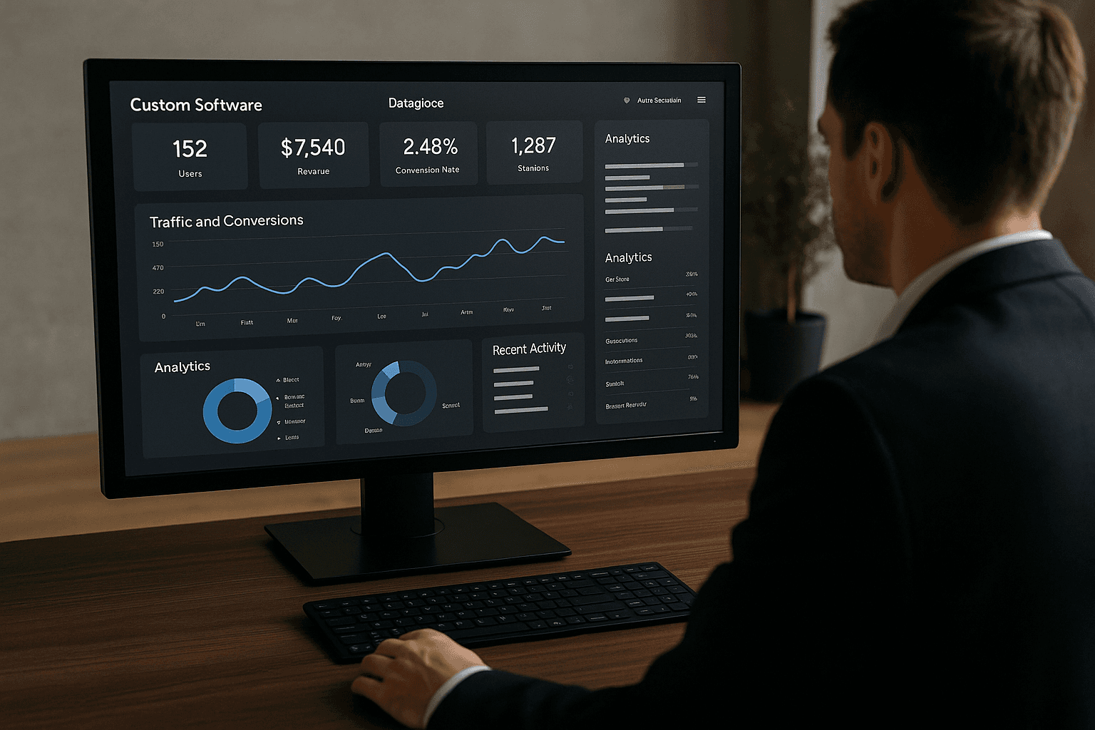 A custom software dashboard displaying clean analytics and user data, with a business manager reviewing metrics on a sleek monitor.
