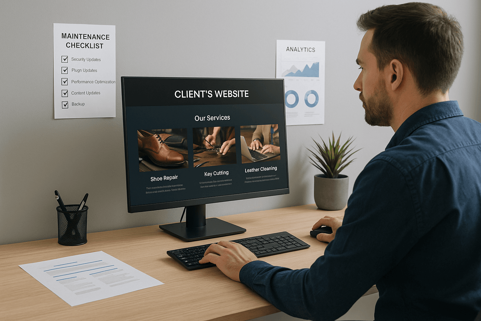 A web developer updating a client’s website on a large screen, with maintenance checklists and analytics charts in view, in a clean, modern workspace.