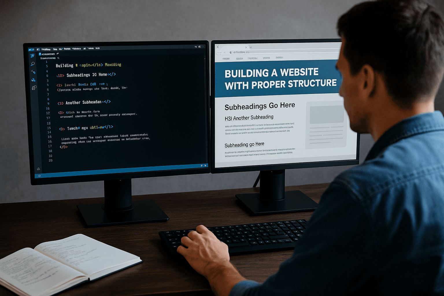 A developer analyzing website structure on a dual-monitor setup, with one screen showing code and the other showing a rendered site layout with clear headings and navigation.