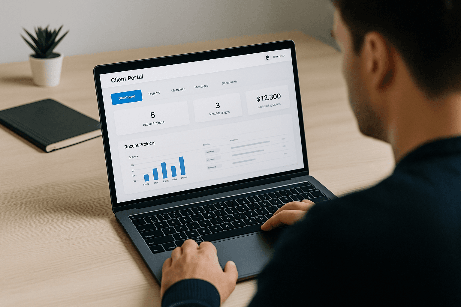 A business owner using a custom client portal dashboard on a laptop, with visible tabs for projects, messages, and documents in a modern interface