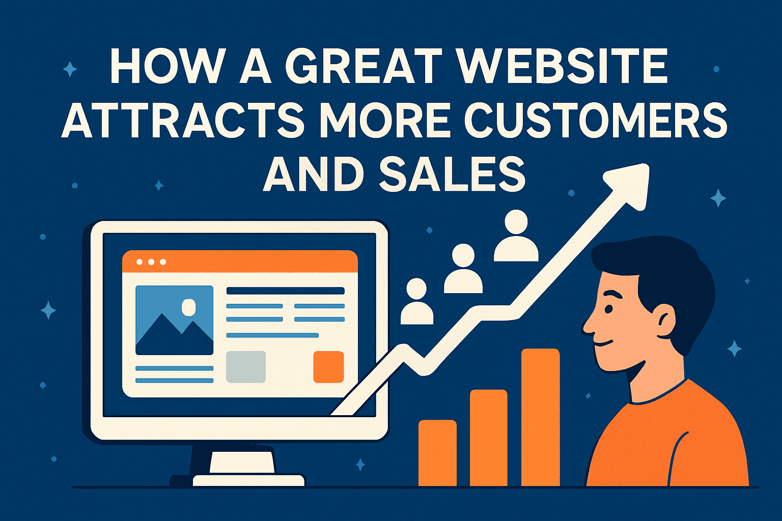 A colorful digital illustration showing a growing customer base represented by floating profile icons and upward-trending revenue arrows surrounding a website icon.