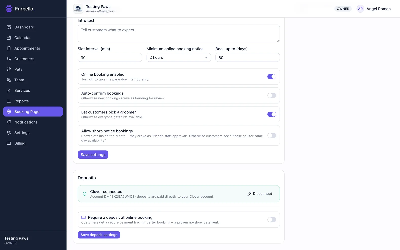 Furbello online booking with deposits