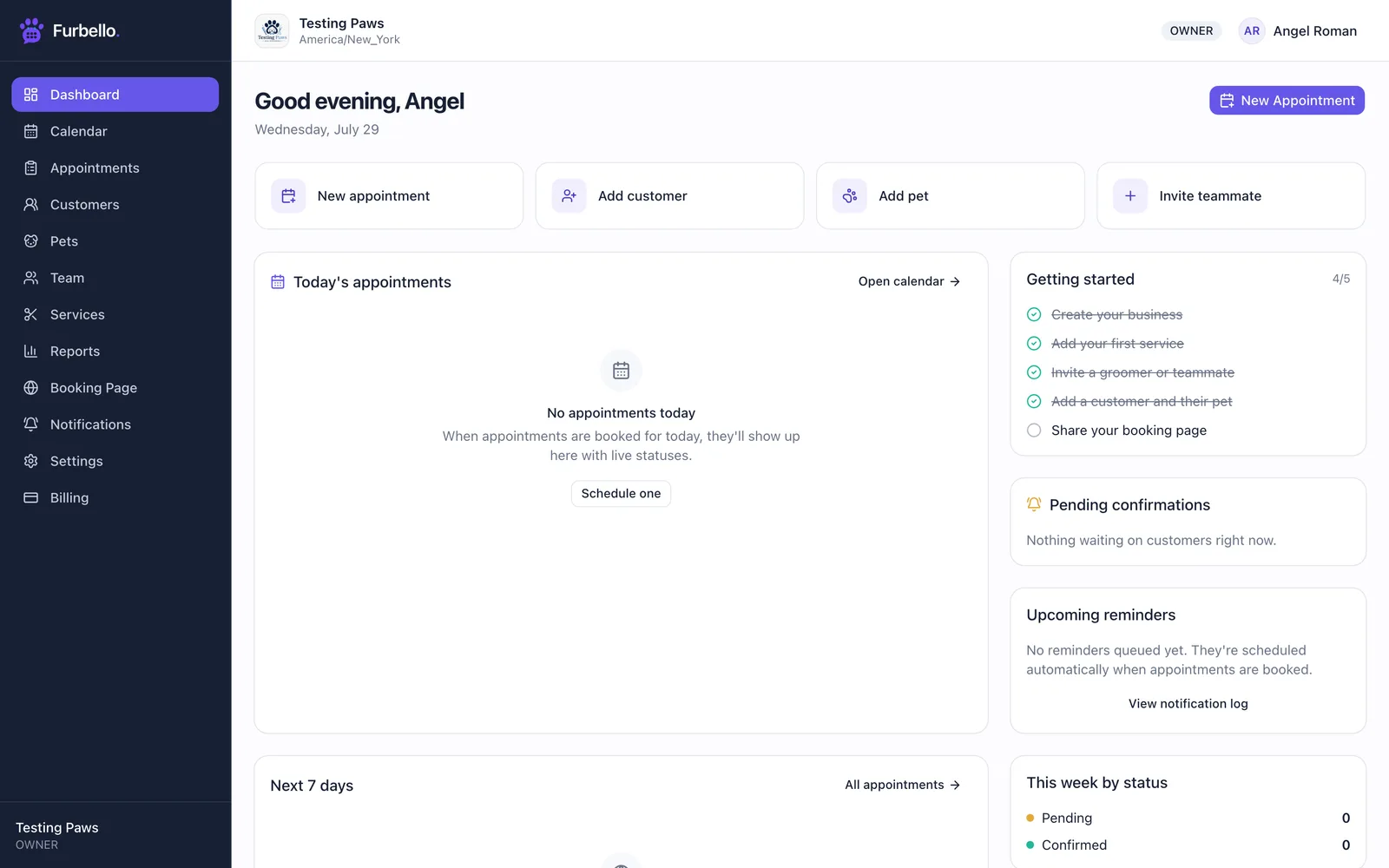 Furbello dashboard with today's appointments