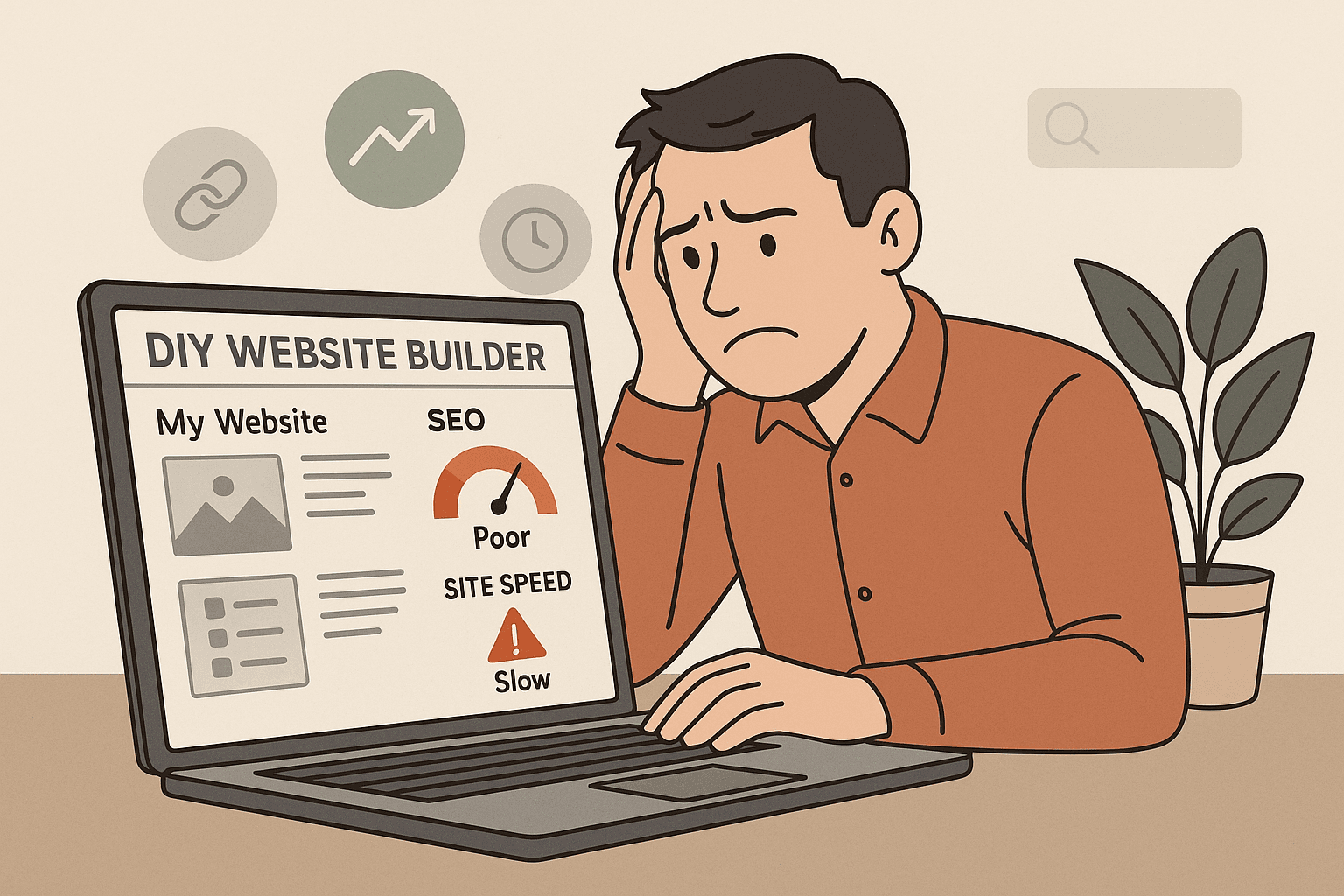 Frustrated business owner looking at a DIY website builder screen showing poor SEO scores and slow site speed indicators.