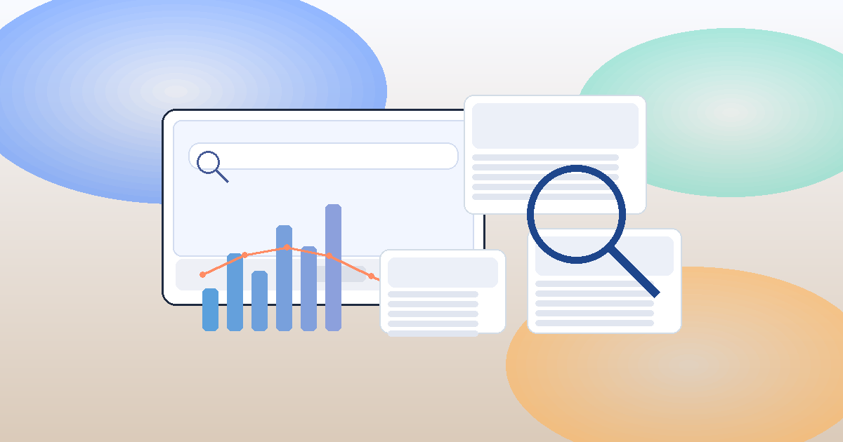 Full-bleed cartoon SEO scene—laptop with charts, floating blog cards, and a magnifying glass on a soft gradient background.
